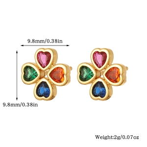 Detail showing 9.8mm colorful heart clover earrings with size and weight annotations