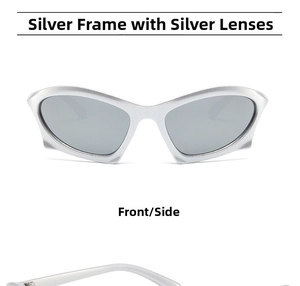 Front view of Y2K steampunk sunglasses with silver narrow frame and mercury lenses