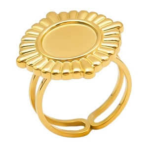 Detailed view of adjustable gold stainless steel ring with sunburst oval design