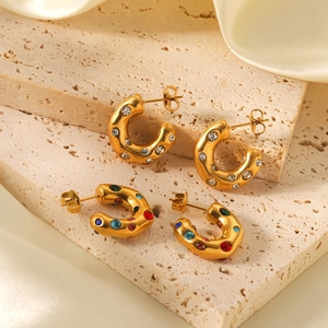 Chic 18K gold plated stainless steel C-shaped earrings with colorful zircon stones