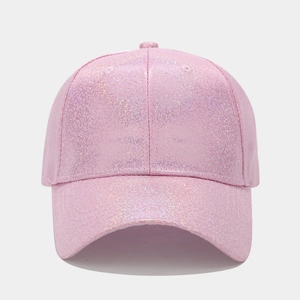 Pink glitter PU leather baseball cap with shiny reflective finish for sun protection