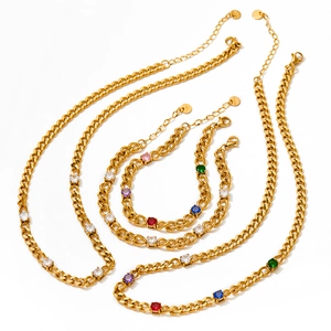 Golden Cuban link jewelry set with colorful zircons including necklaces and bracelets