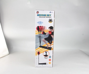 Retail packaging of kids boxing set with adjustable stand and red boxing gloves