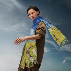 Artistic Van Gogh oil painting scarf with yellow tassels and blue landscape print