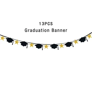 Black and gold graduation banner set featuring 13 pieces of mortarboards and glitter stars