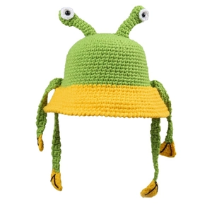 Handmade green frog crochet bucket hat with yellow trim and cartoon eyes for winter