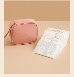 Detail of pink PU leather pouch showing storage capacity for five sanitary pads