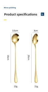 Mirror polished gold stainless steel long handle spoons with size measurements detail