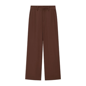 Detailed flat lay of high-waist dark brown straight-leg trousers with belt loops