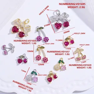 Colorful cherry and bow pendant charms with sparkling crystals for DIY jewelry making
