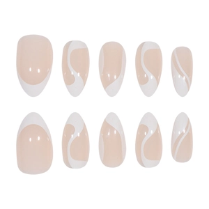 White wavy line minimalist almond press-on nails set in soft nude pink base color