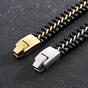 Punk style braided black leather bracelets with silver and gold stainless steel clasps