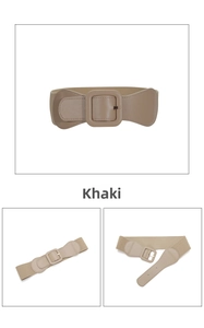 Detail of khaki elastic wide belt with a large square buckle for women's fashion dresses