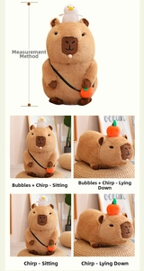 Macro detail of capybara plush toy with orange bag, squeeze sound and bubble feature