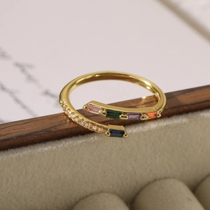 18K gold plated adjustable ring with five-color rectangular zircon stones and small diamonds
