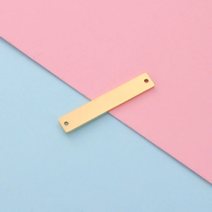 Polished golden stainless steel rectangular connector with dual holes on color block background