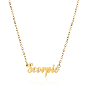 Macro detail of 18K gold-plated stainless steel Scorpio zodiac nameplate necklace