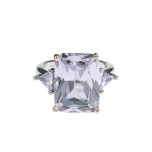 Elegant three-stone ring with rectangle purple gem and triangle side stones in silver band