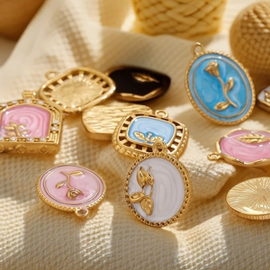 Enamel oil painting style floral charms in gold finish for DIY jewelry necklaces