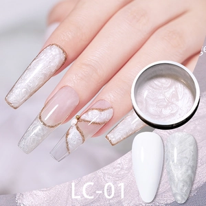 Pearlescent white nail polish gel LC-01 with golden edge design and fine shimmer effect