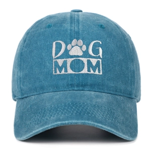 Close-up of DOG MOM embroidery and paw print on washed cotton baseball cap