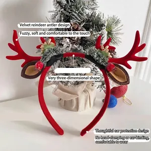 Cute Christmas reindeer antler headband with plush ears and festive pine decor
