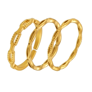Three-piece set of gold stainless steel rings with bamboo, hollow, and wave textures