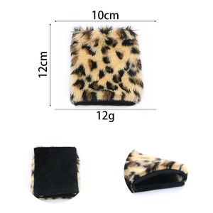 Detail view of leopard print faux fur hand warmers with size dimensions and lining specs