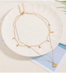 Detail of gold-layered necklace with turquoise beads and wave-textured shell pendant