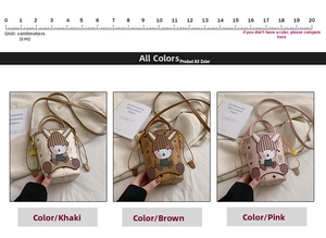 Detailed comparison of mini bucket bags with cartoon bunny and brand-style logo print