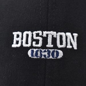 Detail of a black cotton baseball cap featuring high-quality BOSTON 1630 embroidery
