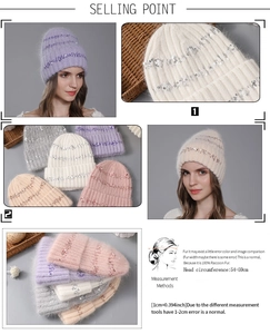Detailed view of sequined knit beanies in multiple colors made with premium fur material