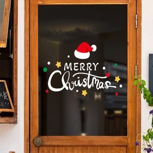 Adesivi elettrostatici Merry Christmas con stelle e cappello per vetrine e porte