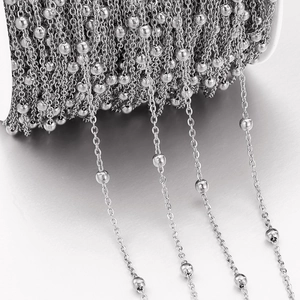Polished silver stainless steel beaded chain for DIY jewelry making on white spool
