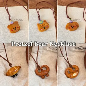 Collana Con Ciondolo Pane Simulazione Resina Croissant Pretzel Animale Orso Cane Gatto Con Cordino Marrone Gioielli Stile Coreano