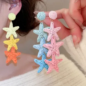 Bohemian Raffia Woven Starfish Dangle Earrings Three Tier Gradient Color Summer Beach Jewelry For Women With Silver Earring Post