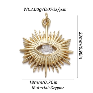 Detailed view of gold evil eye sun pendant with copper base and clear zircon stone