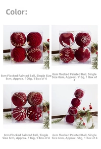 Detail of four dark red flocked Christmas balls with hand-painted gold snowflake patterns
