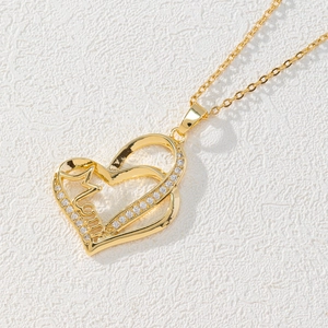 Double-layer gold heart necklace with Mom letter pendant and white cubic zirconia