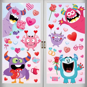 Cute gnome monster window decals with hearts and love letters on glass door decor