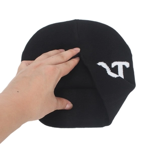 Black knit beanie featuring white embroidered letter logo and stretchy ribbed cuff