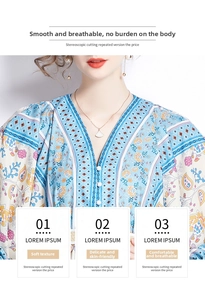 Detail of V-neck printed dress showing ethnic floral patterns and soft fabric texture