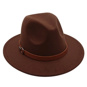 Detail of dark brown wool fedora hat featuring a leather band with silver metal buckle