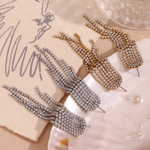 Close-up of tassel earrings with micro-set zircon in gold and silver finishes