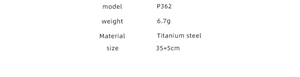 Specifications for the titanium steel necklace model P362 with dimensions and weight