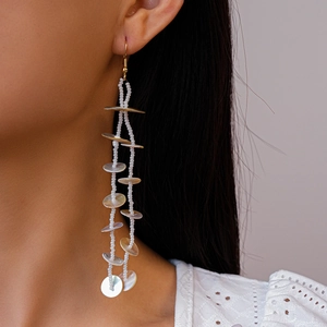 Bohemian glass bead shell tassel drop earrings for women with natural iridescent finish