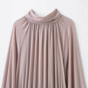 Elegant purple mock neck pleated dress in lightweight flowy fabric for women