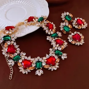 Luxury Vintage Heart Necklace Earrings Jewelry Copper Colorful Zircon With Silver Earring Post For Women Banquet