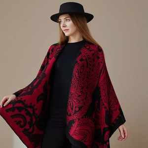Ethnic style paisley shawl wrap in red and black pashmina for travel fashion outfits