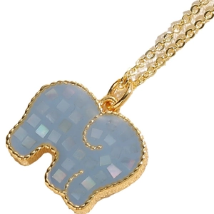 Gold-plated elephant pendant necklace with light blue mosaic shell inlay on white background